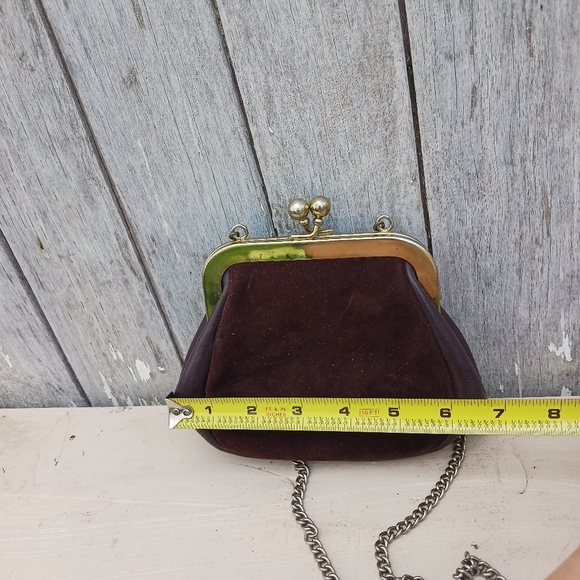 Vintage Brown Leather Gold Kiss Lock  Purse With Silver Chain Mini - Picture 6 of 10